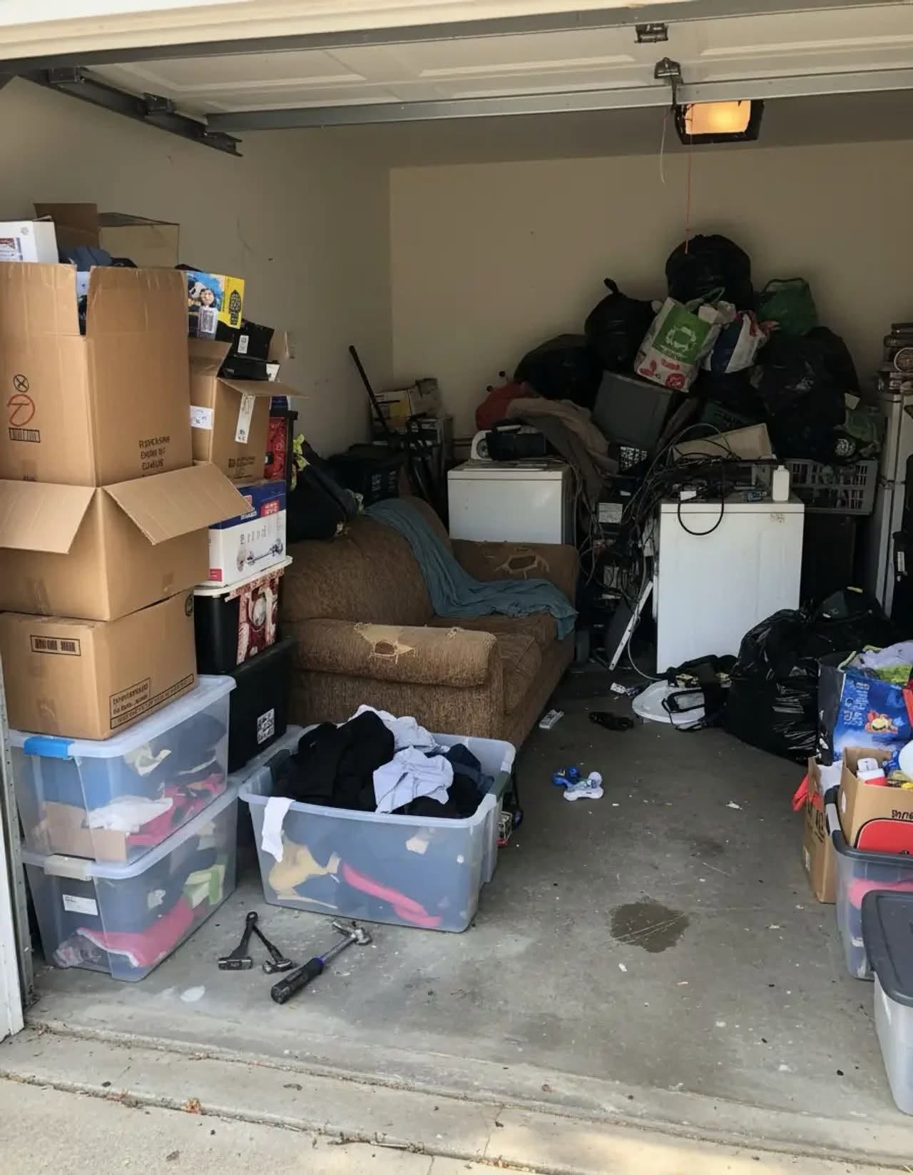 Garage packed with a sofa, boxes, bags, and household items